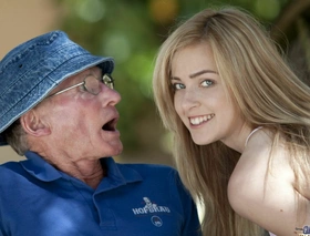 Gorgeous teen sucks grandpa outdoors and she swallows it on all sides