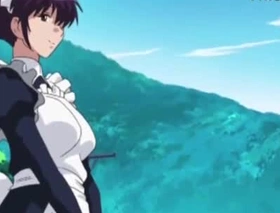 Busty anime maid gives a lubricous blowjob to the brush master