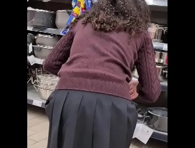 Spying teen chick on tap supermarket - short skirt